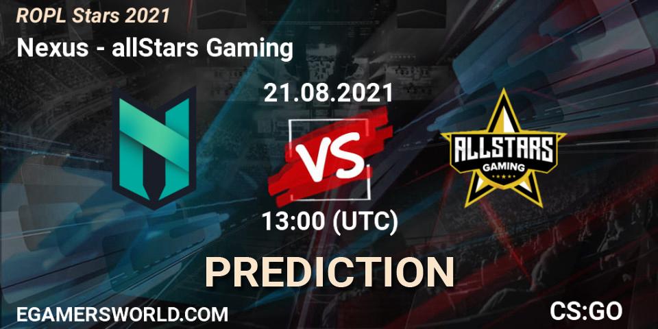 Nexus - allStars Gaming: прогноз. 21.08.2021 at 16:45, Counter-Strike (CS2), ROPL Stars 2021
