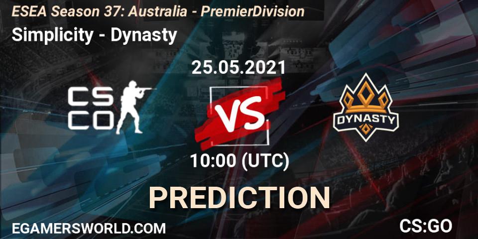 Simplicity - Dynasty: прогноз. 25.05.2021 at 10:00, Counter-Strike (CS2), ESEA Season 37: Australia - Premier Division