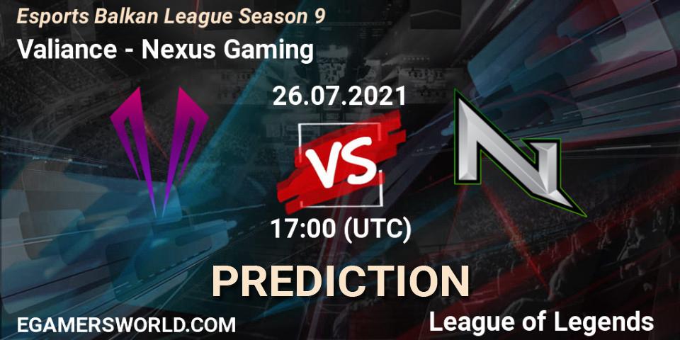 Valiance - Nexus Gaming: прогноз. 26.07.2021 at 17:00, LoL, Esports Balkan League Season 9