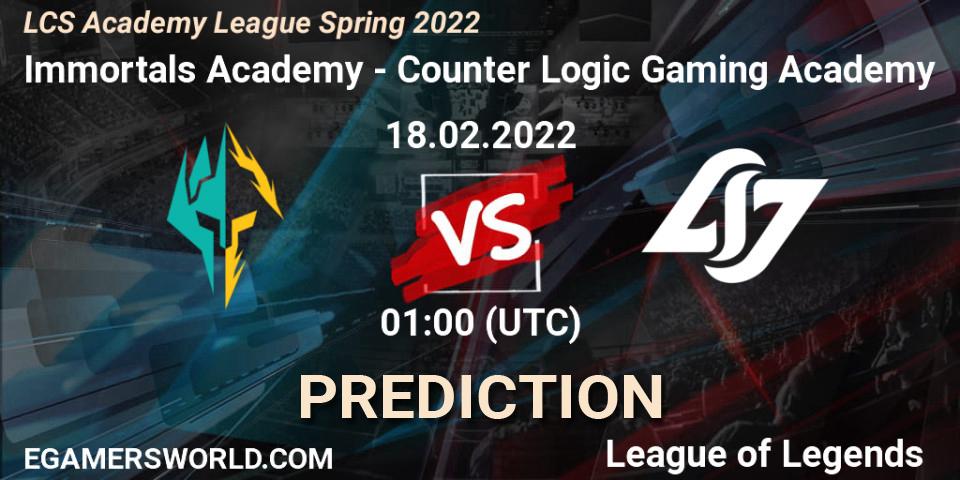 Immortals Academy - Counter Logic Gaming Academy: прогноз. 18.02.2022 at 00:50, LoL, LCS Academy League Spring 2022