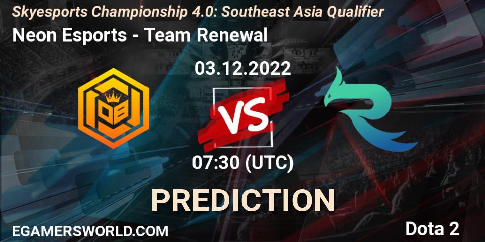 Neon Esports - Team Renewal: прогноз. 03.12.2022 at 07:29, Dota 2, Skyesports Championship 4.0: Southeast Asia Qualifier
