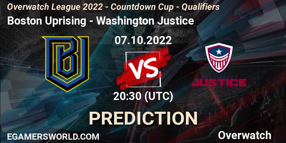 Boston Uprising - Washington Justice: прогноз. 07.10.2022 at 19:30, Overwatch, Overwatch League 2022 - Countdown Cup - Qualifiers