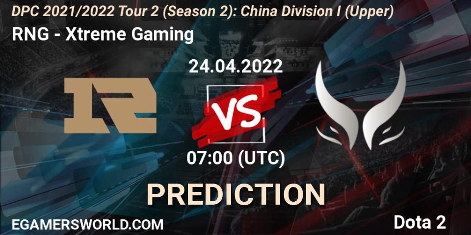 RNG - Xtreme Gaming: прогноз. 24.04.2022 at 07:03, Dota 2, DPC 2021/2022 Tour 2 (Season 2): China Division I (Upper)