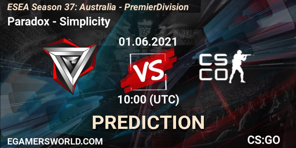 Paradox - Simplicity: прогноз. 01.06.2021 at 10:00, Counter-Strike (CS2), ESEA Season 37: Australia - Premier Division