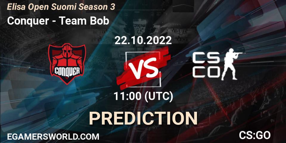 Conquer - Team Bob: прогноз. 22.10.22, CS2 (CS:GO), Elisa Open Suomi Season 3