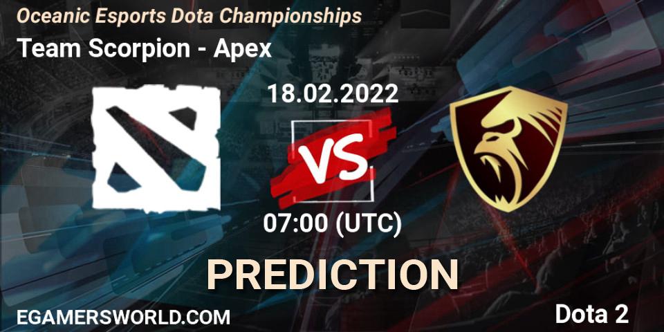 Team Scorpion - Apex: прогноз. 18.02.2022 at 07:18, Dota 2, Oceanic Esports Dota Championships