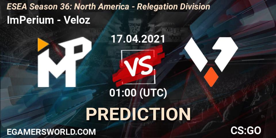 ImPerium - Veloz: прогноз. 17.04.2021 at 01:00, Counter-Strike (CS2), ESEA Season 36: North America - Relegation Division