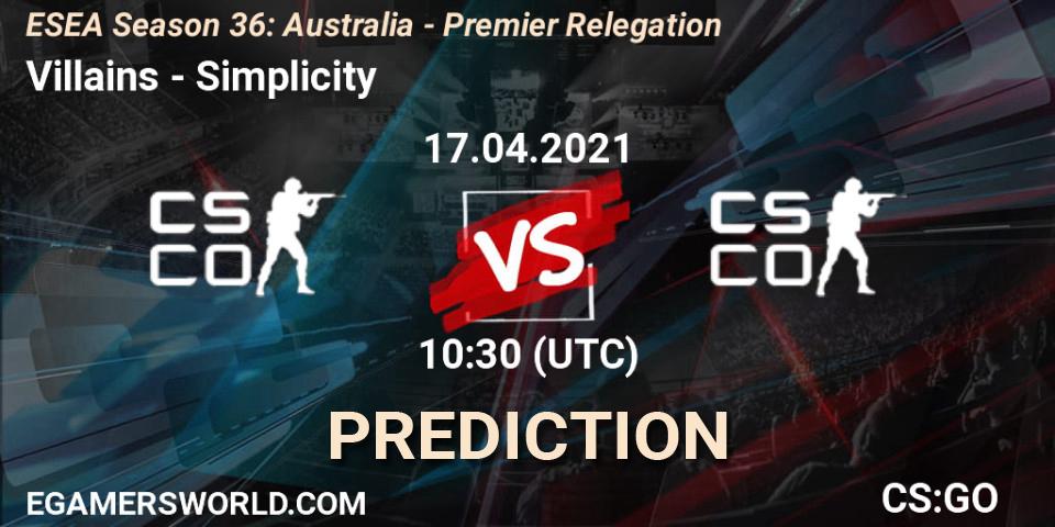 Villains - Simplicity: прогноз. 17.04.2021 at 10:30, Counter-Strike (CS2), ESEA Season 36: Australia - Premier Relegation