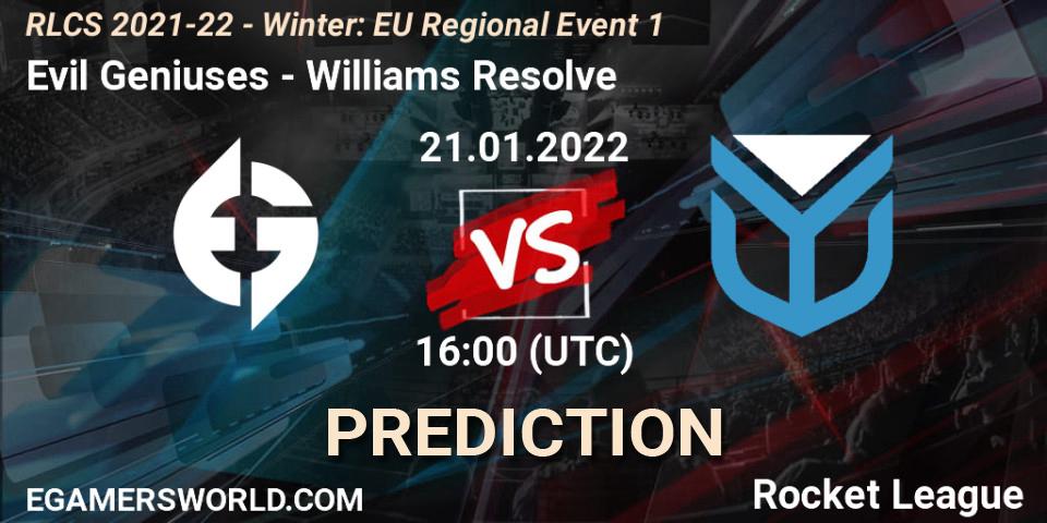 Evil Geniuses - Williams Resolve: прогноз. 21.01.2022 at 16:00, Rocket League, RLCS 2021-22 - Winter: EU Regional Event 1