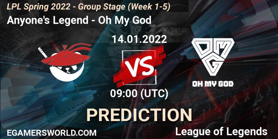 Anyone's Legend - Oh My God: прогноз. 14.01.2022 at 09:00, LoL, LPL Spring 2022 - Group Stage (Week 1-5)