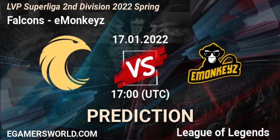 Falcons - eMonkeyz: прогноз. 18.01.2022 at 17:00, LoL, LVP Superliga 2nd Division 2022 Spring
