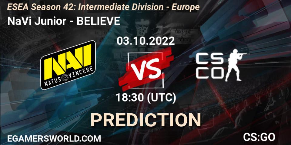 NaVi Junior - BELIEVE: прогноз. 03.10.2022 at 17:00, Counter-Strike (CS2), ESEA Season 42: Intermediate Division - Europe