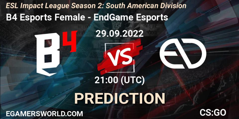 B4 Esports Female - EndGame Esports: прогноз. 29.09.2022 at 21:00, Counter-Strike (CS2), ESL Impact League Season 2: South American Division