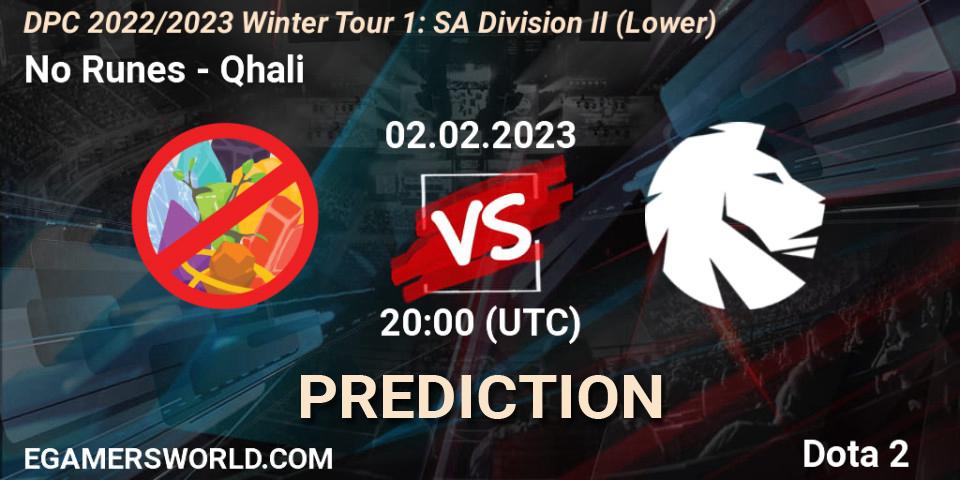 No Runes - Qhali: прогноз. 02.02.23, Dota 2, DPC 2022/2023 Winter Tour 1: SA Division II (Lower)
