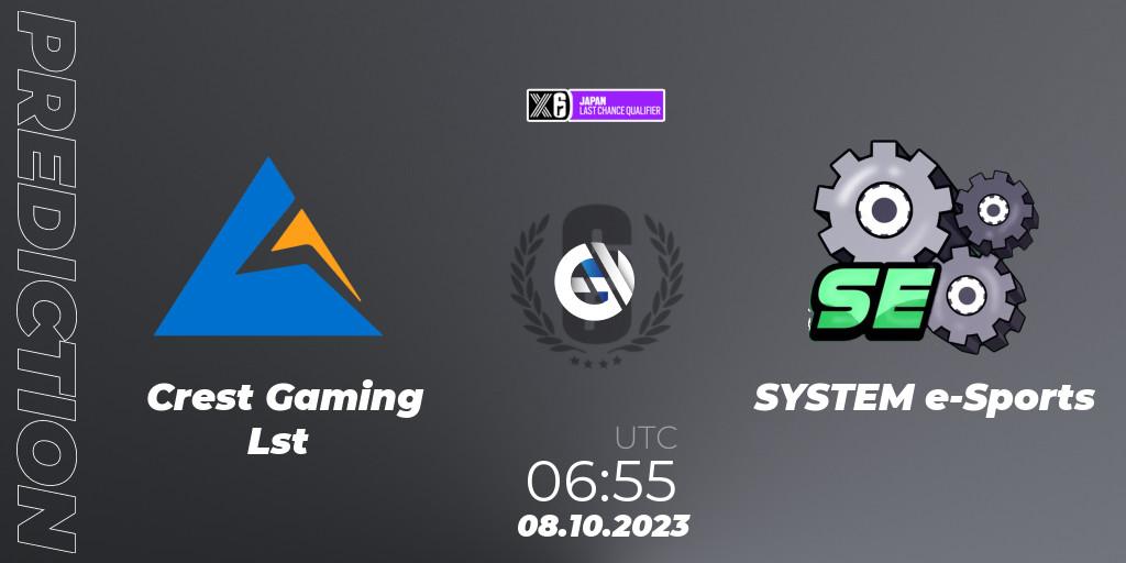 Crest Gaming Lst - SYSTEM e-Sports: прогноз. 08.10.2023 at 06:55, Rainbow Six, Japan League 2023 - Stage 2 - Last Chance Qualifiers