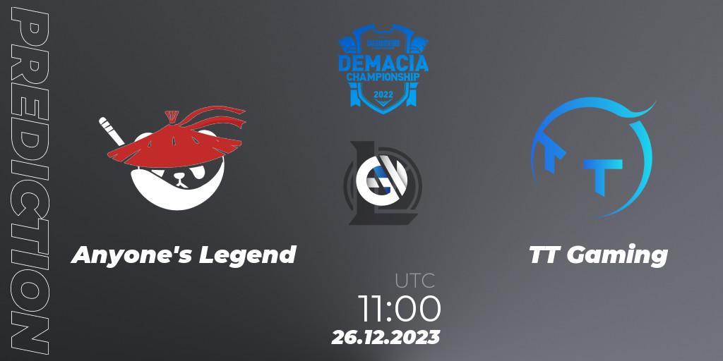Anyone's Legend - TT Gaming: прогноз. 26.12.2023 at 11:00, LoL, Demacia Cup 2023 Group Stage