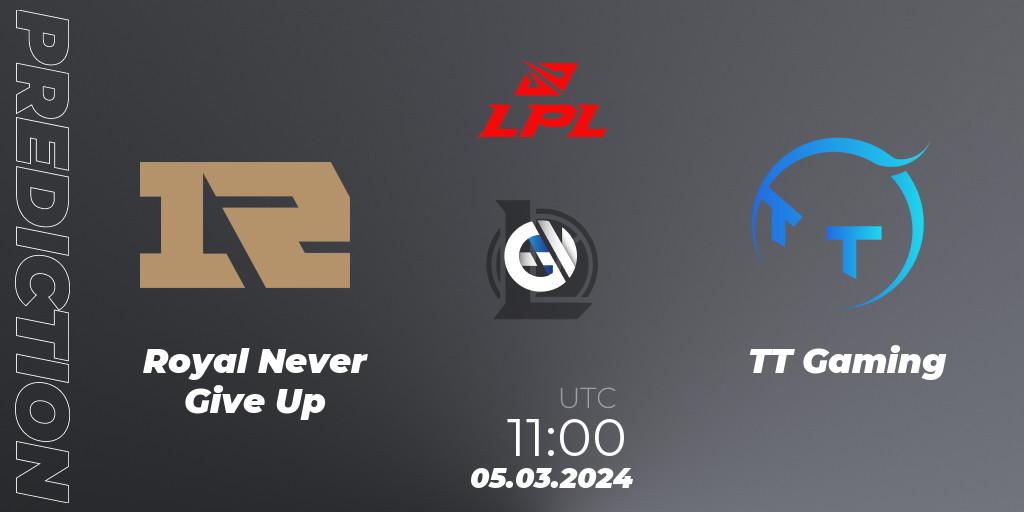 Royal Never Give Up - TT Gaming: прогноз. 05.03.2024 at 12:00, LoL, LPL Spring 2024 - Group Stage