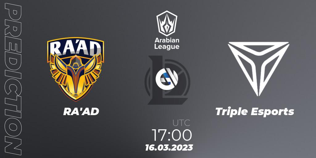 RA'AD - Triple Esports: прогноз. 16.03.2023 at 17:00, LoL, Arabian League 2nd Division Spring 2023