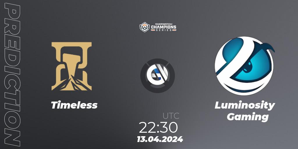 Timeless - Luminosity Gaming: прогноз. 13.04.2024 at 22:30, Overwatch, Overwatch Champions Series 2024 - North America Stage 2 Group Stage