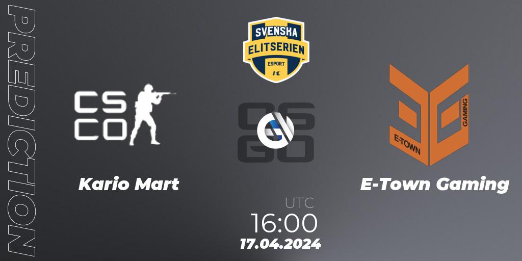 Kario Mart - E-Town Gaming: прогноз. 17.04.2024 at 16:10, Counter-Strike (CS2), Svenska Elitserien Spring 2024