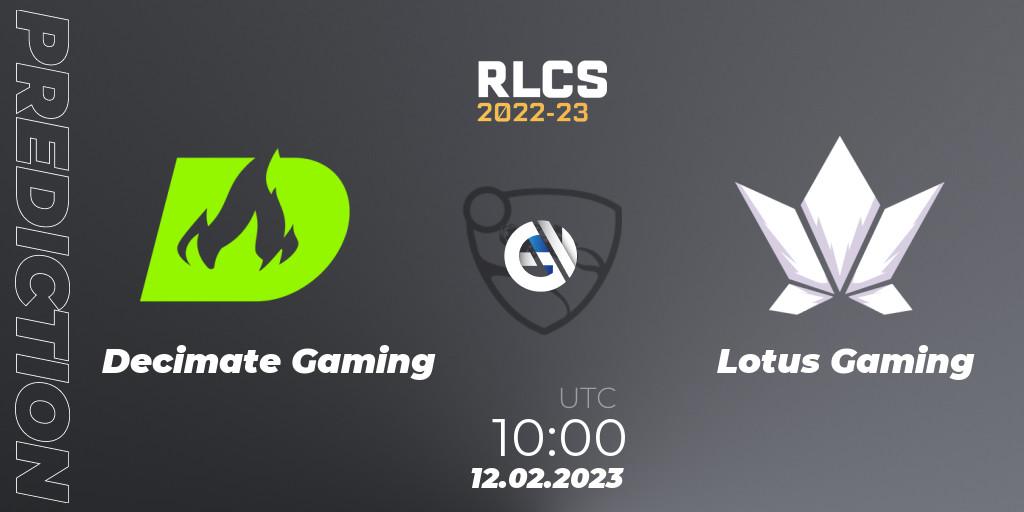Decimate Gaming - Lotus Gaming: прогноз. 12.02.2023 at 11:00, Rocket League, RLCS 2022-23 - Winter: Asia-Pacific Regional 2 - Winter Cup