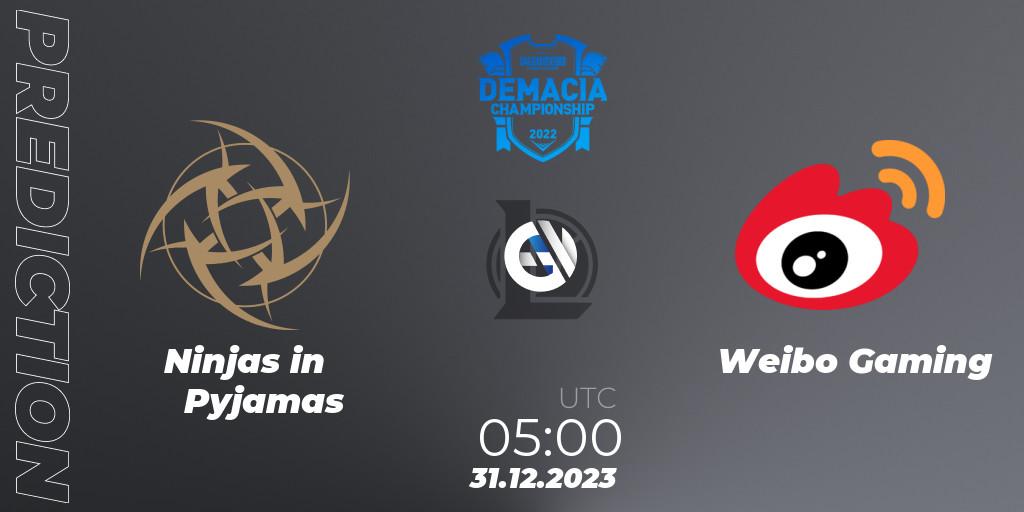 Ninjas in Pyjamas - Weibo Gaming: прогноз. 31.12.2023 at 05:00, LoL, Demacia Cup 2023 Playoffs