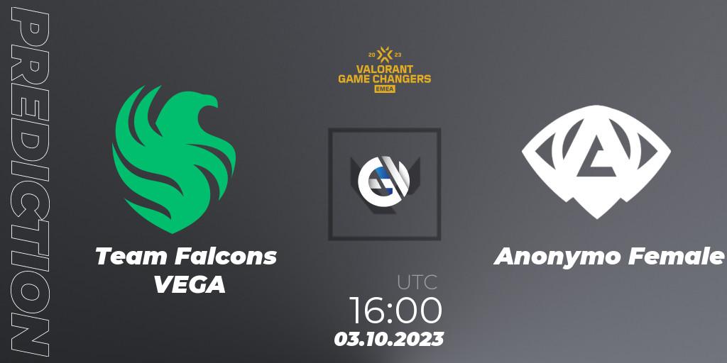 Team Falcons VEGA - Anonymo Female: прогноз. 03.10.2023 at 16:00, VALORANT, VCT 2023: Game Changers EMEA Stage 3 - Playoffs