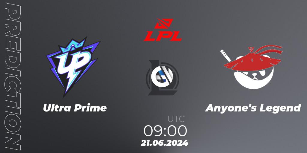 Ultra Prime - Anyone's Legend: прогноз. 21.06.2024 at 09:00, LoL, LPL 2024 Summer - Group Stage