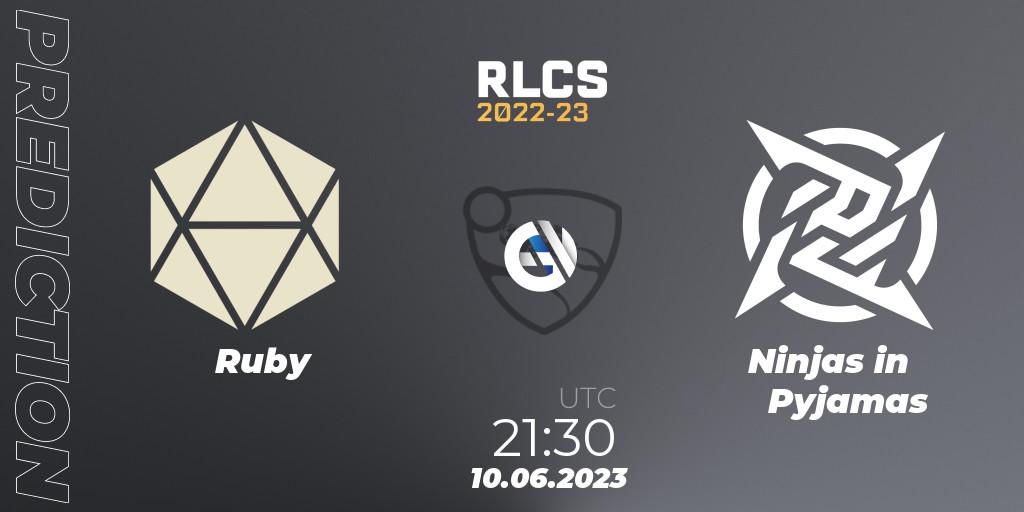 Ruby - Ninjas in Pyjamas: прогноз. 10.06.2023 at 21:45, Rocket League, RLCS 2022-23 - Spring: South America Regional 3 - Spring Invitational