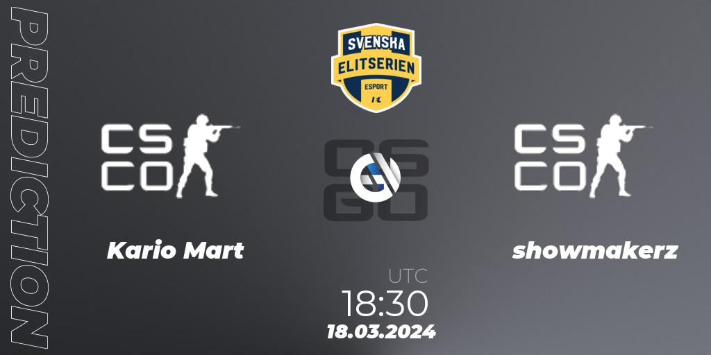 Kario Mart - showmakerz: прогноз. 18.03.2024 at 18:30, Counter-Strike (CS2), Svenska Elitserien Spring 2024