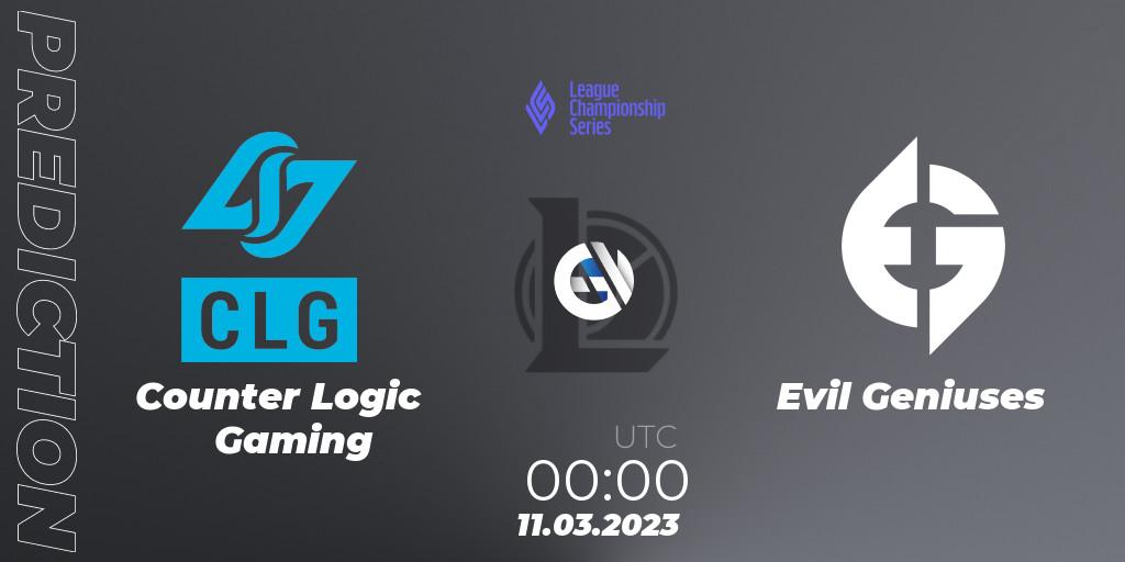 Counter Logic Gaming - Evil Geniuses: прогноз. 11.03.2023 at 00:00, LoL, LCS Spring 2023 - Group Stage