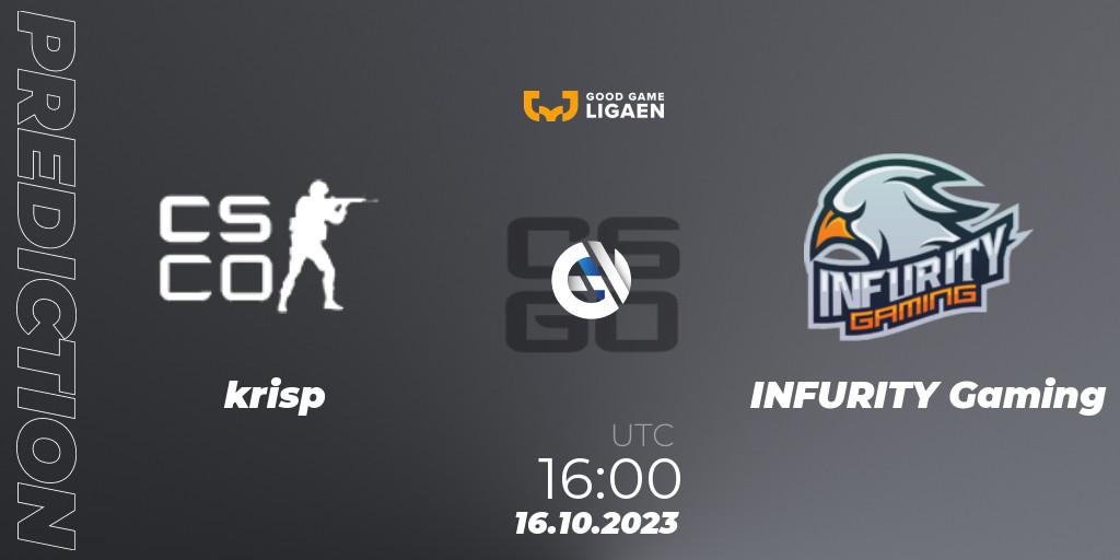 krisp - INFURITY Gaming: прогноз. 23.10.2023 at 16:00, Counter-Strike (CS2), Good Game-ligaen Fall 2023: Regular Season