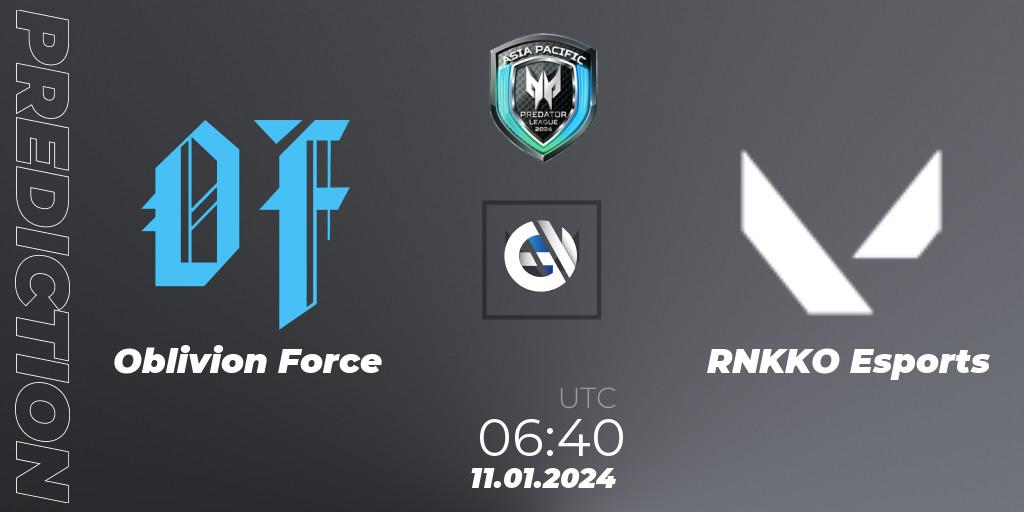 Oblivion Force - RNKKO Esports: прогноз. 11.01.2024 at 06:40, VALORANT, Asia Pacific Predator League 2024