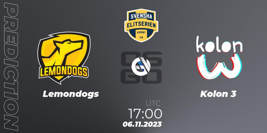 Lemondogs - Kolon 3: прогноз. 06.11.2023 at 17:00, Counter-Strike (CS2), Svenska Elitserien Fall 2023: Online Stage