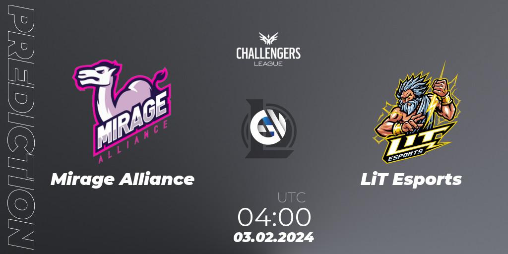 Mirage Alliance - LiT Esports: прогноз. 03.02.2024 at 04:00, LoL, NACL 2024 Spring - Group Stage
