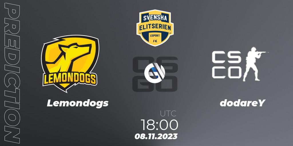 Lemondogs - dodareY: прогноз. 08.11.2023 at 18:00, Counter-Strike (CS2), Svenska Elitserien Fall 2023: Online Stage