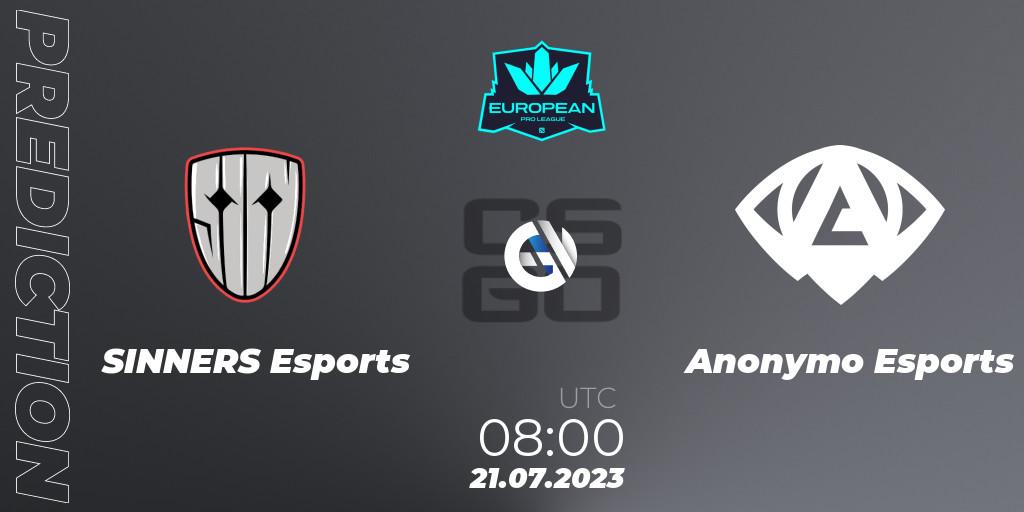 SINNERS Esports - Anonymo Esports: прогноз. 21.07.2023 at 08:00, Counter-Strike (CS2), European Pro League Season 9