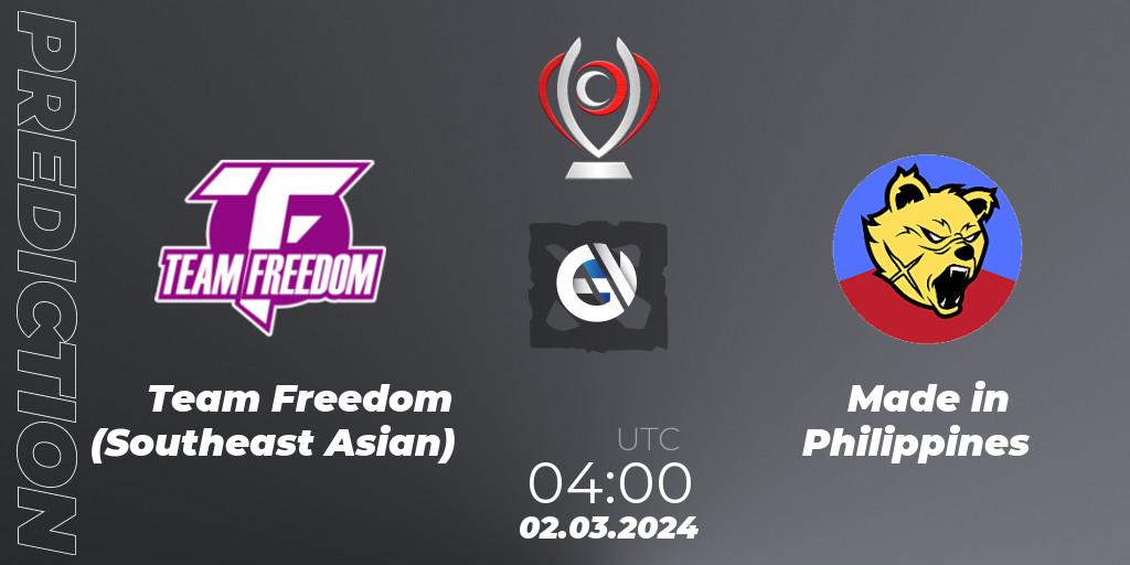 Team Freedom (Southeast Asian) - Made in Philippines: прогноз. 02.03.2024 at 04:05, Dota 2, Opus League