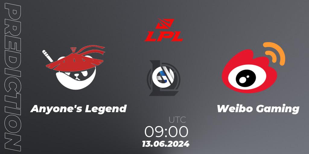 Anyone's Legend - Weibo Gaming: прогноз. 13.06.2024 at 09:00, LoL, LPL 2024 Summer - Group Stage