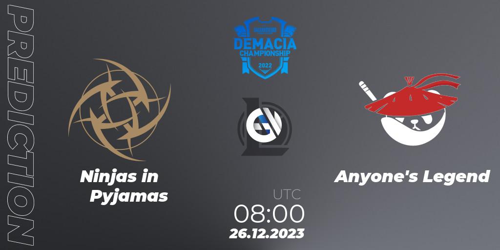 Ninjas in Pyjamas - Anyone's Legend: прогноз. 26.12.2023 at 08:00, LoL, Demacia Cup 2023 Group Stage