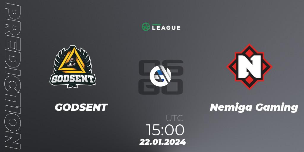 GODSENT - Nemiga Gaming: прогноз. 24.01.2024 at 15:00, Counter-Strike (CS2), ESEA Season 48: Advanced Division - Europe