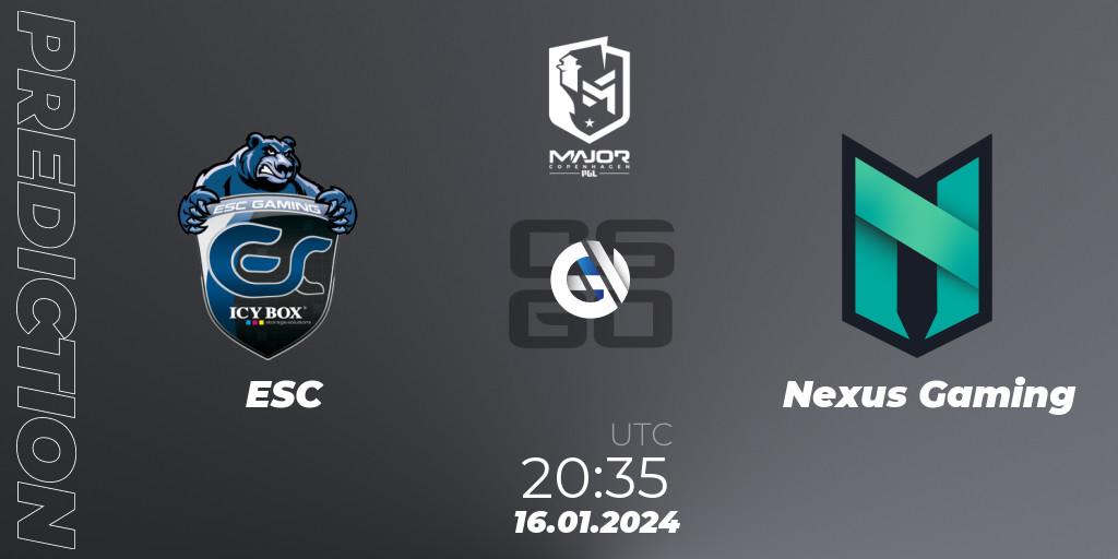 ESC - Nexus Gaming: прогноз. 16.01.2024 at 20:40, Counter-Strike (CS2), PGL CS2 Major Copenhagen 2024 Europe RMR Open Qualifier 4