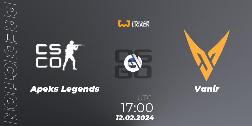 Apeks Legends - Vanir: прогноз. 12.02.2024 at 17:00, Counter-Strike (CS2), Good Game-ligaen Spring 2024