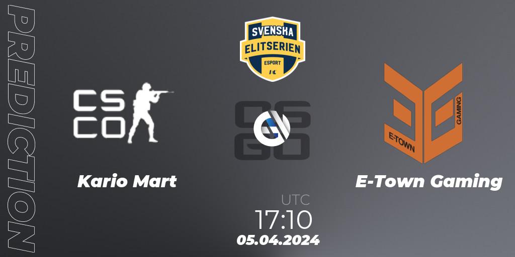 Kario Mart - E-Town Gaming: прогноз. 05.04.2024 at 17:10, Counter-Strike (CS2), Svenska Elitserien Spring 2024