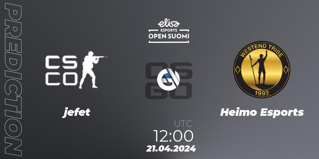 jefet - Heimo Esports: прогноз. 21.04.2024 at 12:00, Counter-Strike (CS2), Elisa Open Suomi Season 6