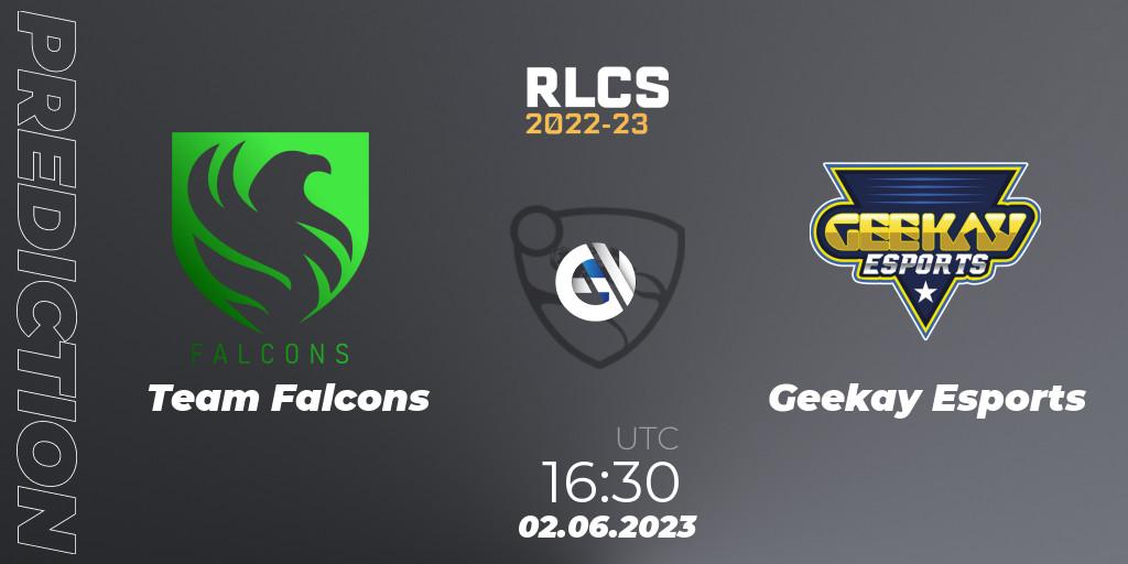 Team Falcons - Geekay Esports: прогноз. 02.06.2023 at 16:20, Rocket League, RLCS 2022-23 - Spring: Middle East and North Africa Regional 3 - Spring Invitational
