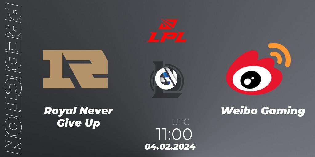 Royal Never Give Up - Weibo Gaming: прогноз. 04.02.2024 at 11:00, LoL, LPL Spring 2024 - Group Stage