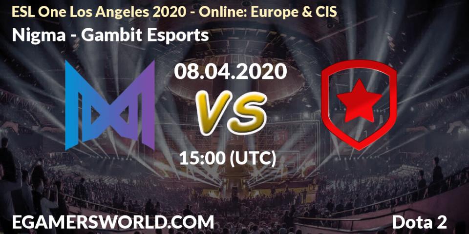 Nigma - Gambit Esports: прогноз. 08.04.20, Dota 2, ESL One Los Angeles 2020 - Online: Europe & CIS