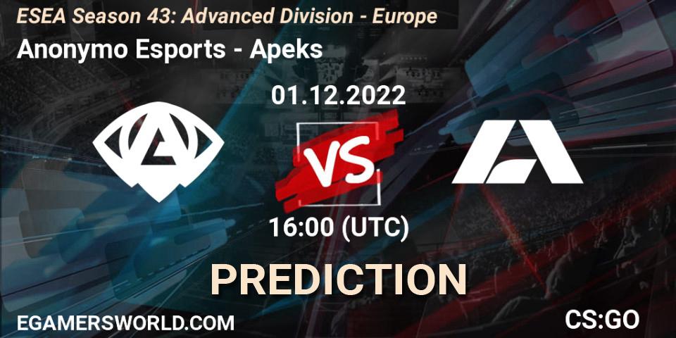Anonymo Esports - Apeks: прогноз. 01.12.22, CS2 (CS:GO), ESEA Season 43: Advanced Division - Europe
