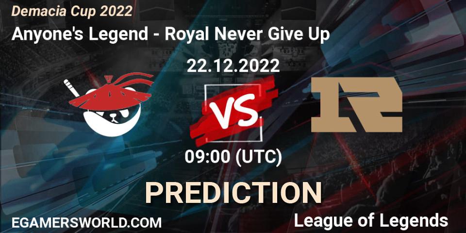 Anyone's Legend - Royal Never Give Up: прогноз. 22.12.22, LoL, Demacia Cup 2022